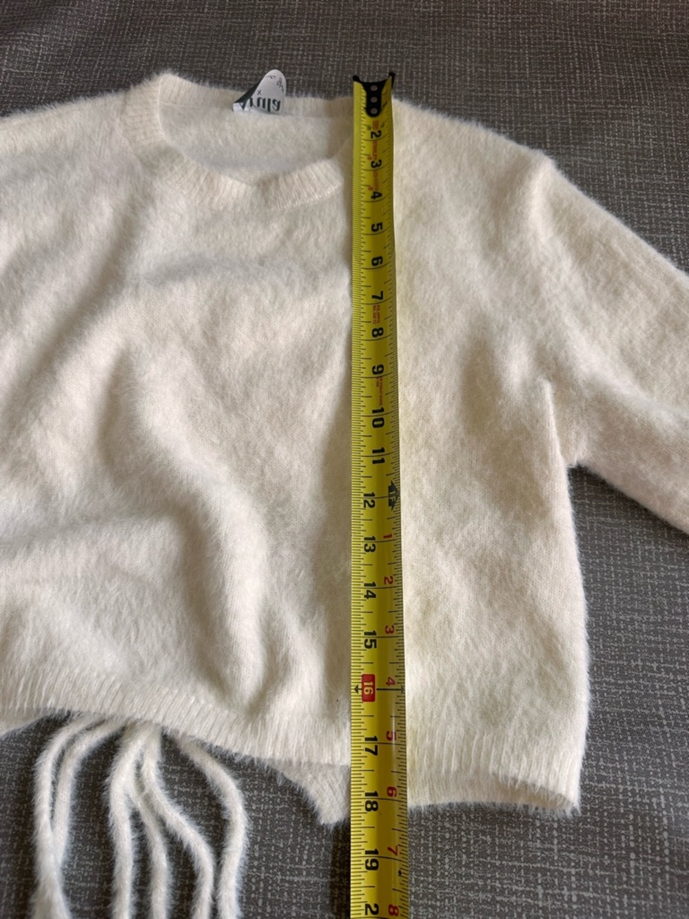 Arula Ivory Fuzzy Cropped Sweater Open Back Tie Balloon Sleeve Size X 10–12/Lg - Picture 8 of 11
